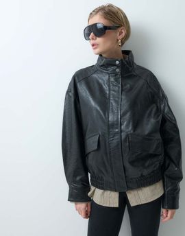 ONLY ONLY faux leather oversized bomber jacket in black