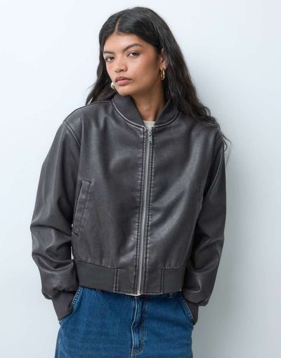 ONLY ONLY faux leather washed bomber jacket in chocolate brown