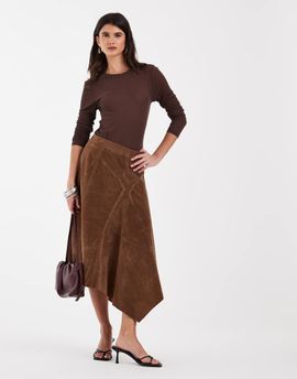 ONLY ONLY faux suede asymmetric midi skirt in brown