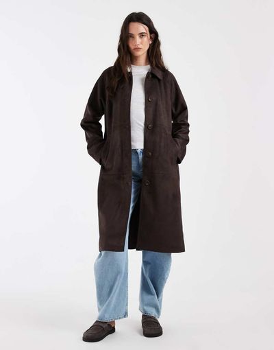 ONLY ONLY faux suede mac coat in chocolate brown