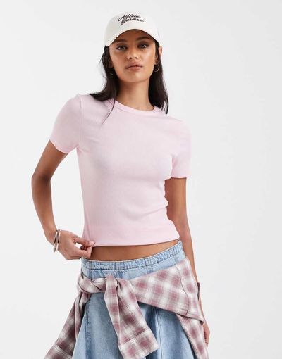 ONLY ONLY fitted rib knit top in light pink
