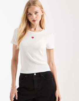 ONLY ONLY fitted rib knit top with heart embroidery in white