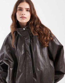 ONLY ONLY funnel neck faux leather bomber jacket in dark brown