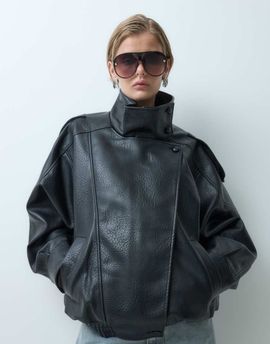 ONLY ONLY funnel neck faux leather jacket in black