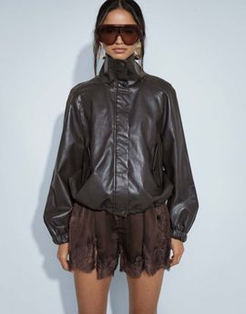 ONLY ONLY funnel neck faux leather jacket in washed dark brown