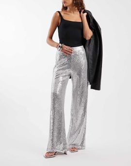 ONLY ONLY high waist pull on sequin pants in silver