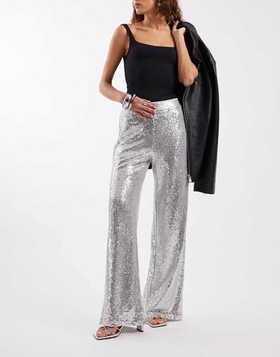 ONLY ONLY high waist pull on sequin pants in silver