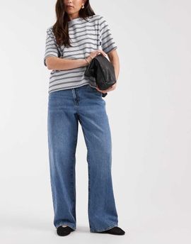 ONLY ONLY Hope mid rise wide leg jeans with button detail in mid blue