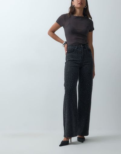 ONLY ONLY Hope wide leg jeans with rhinestones in washed black