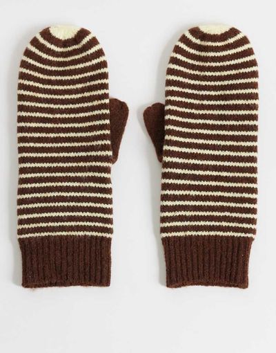 ONLY ONLY knitted mittens in brown & yellow stripe