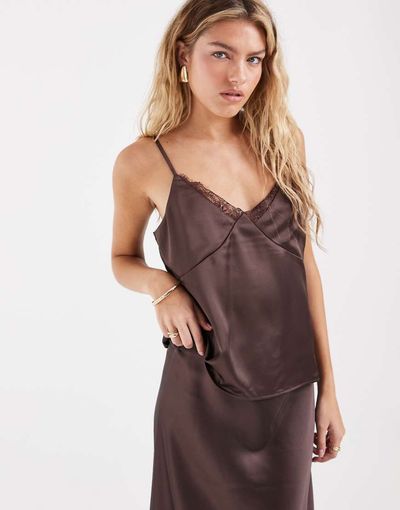 ONLY ONLY lace details satin cami top in brown - part of a set