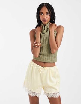 ONLY ONLY lace trim satin shorts in light yellow
