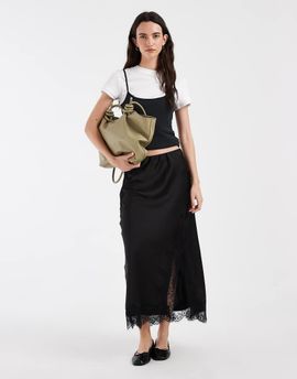ONLY ONLY lace trim split maxi skirt in black
