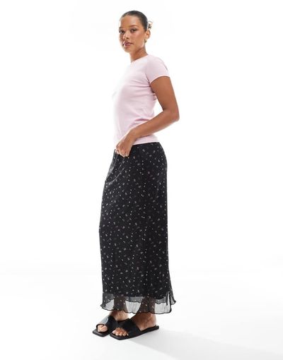ONLY ONLY lettuce edge maxi skirt in black ditsy print