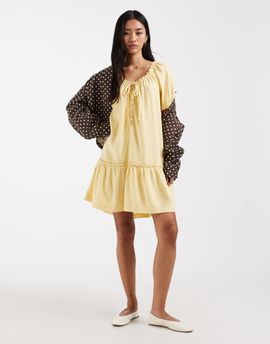 ONLY ONLY linen blend dropped hem mini dress in pale yellow