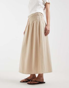 ONLY ONLY linen blend ruched waist midaxi skirt in stone-Neutral