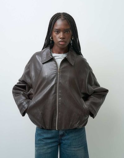 ONLY ONLY oversized faux leather bomber jacket in chocolate brown