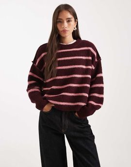 ONLY ONLY oversized slouchy sweater in burgundy and pink stripe-Red