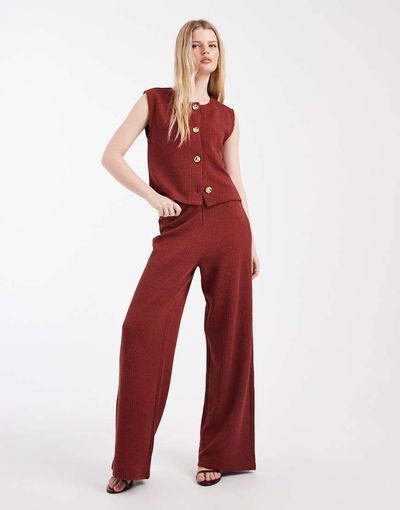 ONLY ONLY rib knit wide leg pants in burnt rust - part of a set-Red