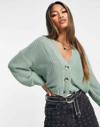 ONLY Only ribbed knit button down cardigan in green