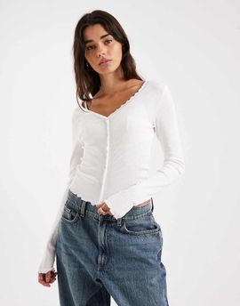 ONLY ONLY ribbed knit cardigan with lettuce edge in white