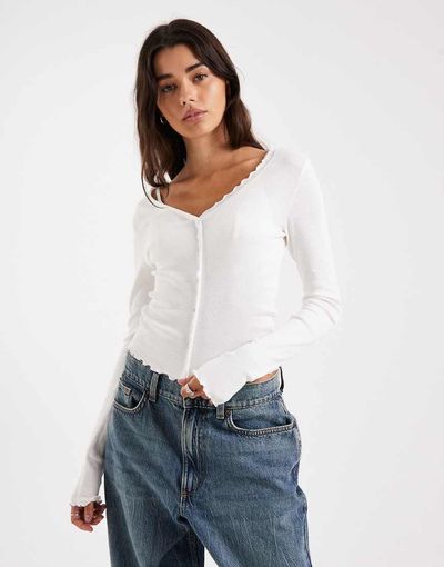 ONLY ONLY ribbed knit cardigan with lettuce edge in white