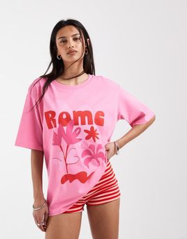 ONLY ONLY Rome graphic print oversized T-shirt in pink-White