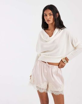 ONLY ONLY satin shorts in pink with cream lace detail