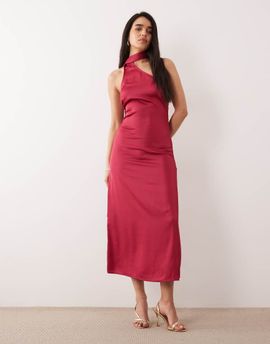 ONLY ONLY scarf detail one shoulder midaxi dress in dark pink
