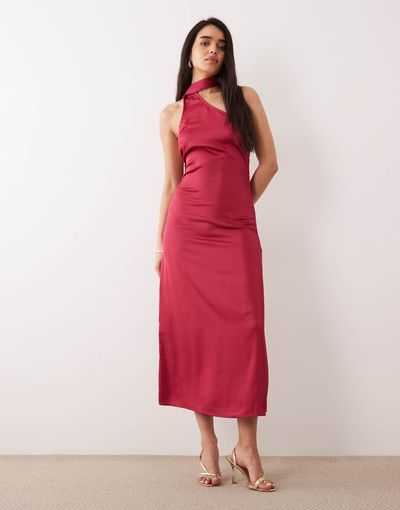 ONLY ONLY scarf detail one shoulder midaxi dress in dark pink