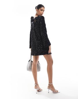 ONLY ONLY sequin back detail bow mini dress in black