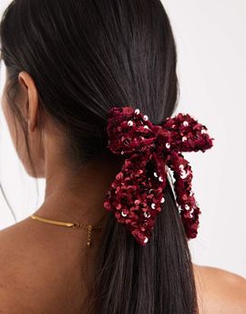 ONLY ONLY sequin bow hair tie in burgundy-Red