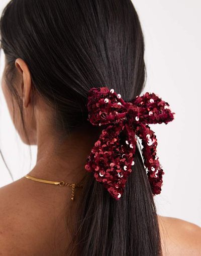 ONLY ONLY sequin bow hair tie in burgundy-Red