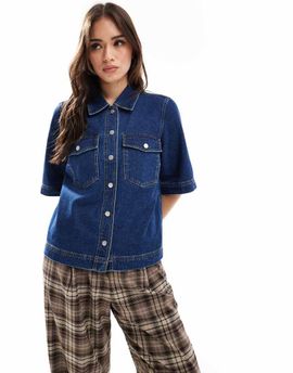 ONLY ONLY short sleeve boxy denim shirt in indigo wash-Blue