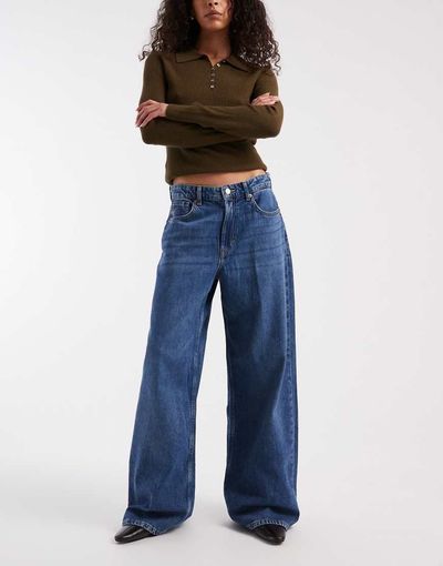 ONLY ONLY soft touch high waist wide leg jeans in mid blue