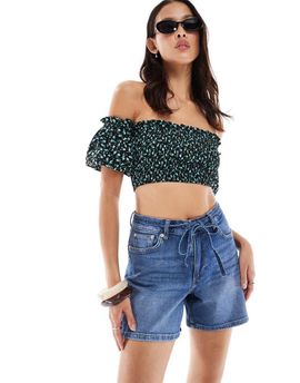 ONLY ONLY tie detail loose fit denim shorts in mid wash blue