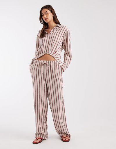 ONLY ONLY tie waist pants with linen in beige and red stripes - part of a set