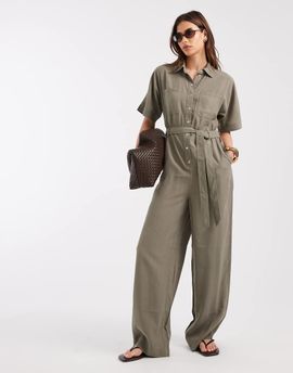 ONLY ONLY tie waist short sleeve jumpsuit in khaki-Green