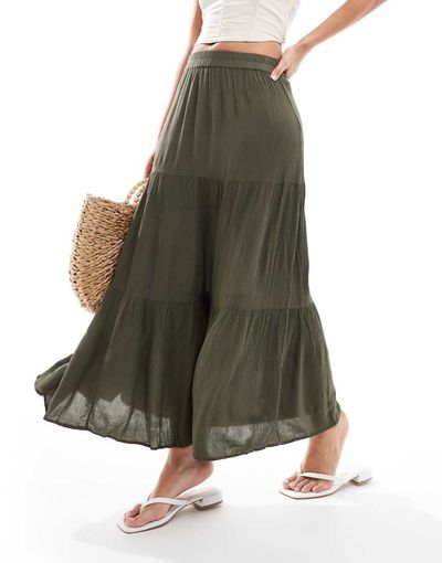 ONLY ONLY tiered maxi skirt in olive-Green