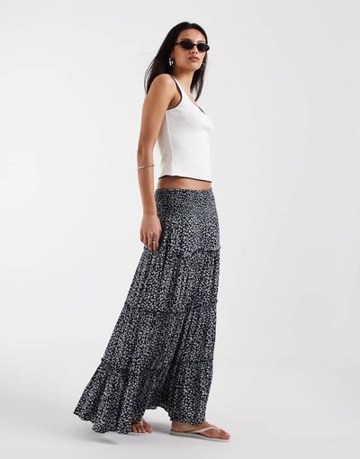 ONLY ONLY tiered maxi skirt in white floral