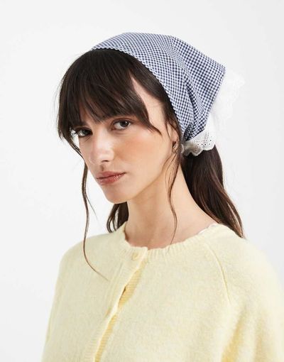 ONLY ONLY triangle head scarf in blue gingham-White
