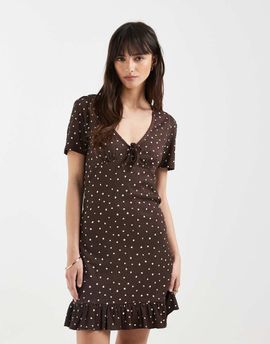 ONLY ONLY v-neck mini dress in brown polka dots