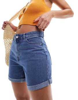 ONLY Only Vega low rise rolled hem denim mom shorts in medium blue