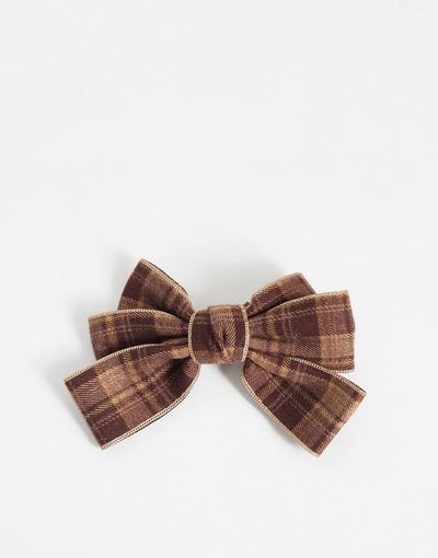 ONLY ONLY velvet bow hair clip in brown check