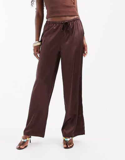 ONLY ONLY wide leg satin pants in brown