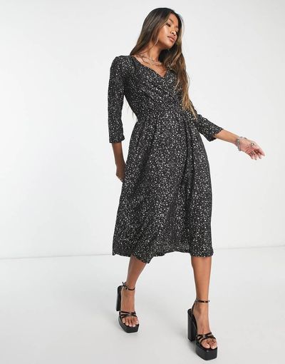 ONLY Only wrap midi dress in black and gold
