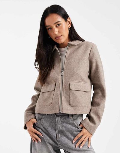 ONLY ONLY zip up faux wool short jacket in taupe-Brown