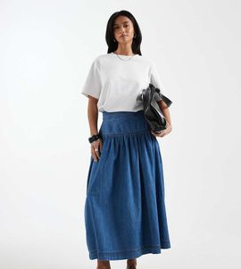 ONLY Petite ONLY Petite dropped waist denim midaxi skirt in mid blue