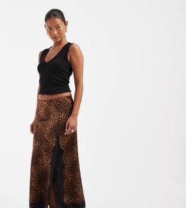 ONLY Petite ONLY Petite satin maxi skirt with lace trim in leopard print-Black