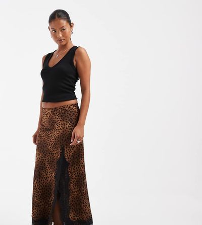 ONLY Petite ONLY Petite satin maxi skirt with lace trim in leopard print-Black